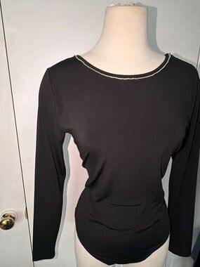 H&M Black Long Sleeve Bodysuit w RHINESTONES-Trim - SEE VIDEO FOR SPARKLES!